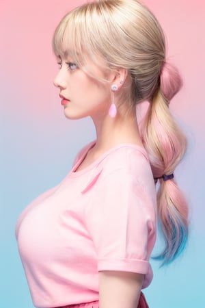 1girl, solo, long hair, looking at viewer, bangs, blue eyes, blond hair, simple background, shirt, jewelry, closed mouth, upper body, blond ponytail, short sleeves, earrings, blunt bangs, side view, ((pink color background)), pink theme, pink sweater, pink knee-length skirt, pink background, big breasts,frey4,maw4r