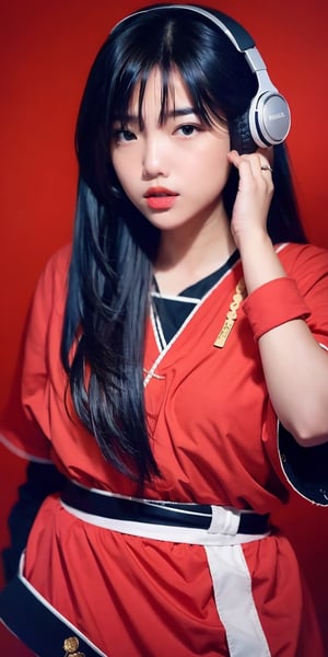 1girl, solo, long hair, looking at viewer, bangs, short black hair, hair ornament, closed mouth, upper body, hair flower, sexy hiphop clothes, red background, black eyes, lips, sash, realistic, wearing headphones,s4str0,chines,Fuj1