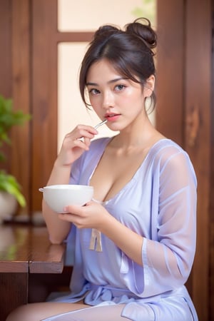 a beautiful indonesian girl, 24 years old, ((messy bun ginger short hair)), ombre_lips, (symmetric blue eyes), (perfect fingers), natural_breast,
BREAK,
Wearing (((White Night Gown))), (((No_Bra))),
BREAK,
Enjoying a casual breakfast of Indomie noodles on a peaceful morning, The scene is set in a cozy, sunlit kitchen with warm, inviting tones,
BREAK,
Sits comfortably at a wooden dining table. She is captured mid-action, perhaps twirling noodles with her fork or taking a bite, with a serene and content expression on her face,
BREAK,
The kitchen is filled with natural light streaming through a nearby window, casting a soft glow on the scene. Details such as the steam rising from the bowl of noodles, the texture of the hijab and clothing, and the subtle reflections of sunlight on the table and dishes add to the ultra-realistic quality of the image.
The setting includes everyday kitchen items like a teapot, a mug, and a bowl of fruit, adding to the authenticity and warmth of the moment. The atmosphere is one of quiet morning comfort, inviting viewers to share in the simple pleasure of a beloved breakfast routine.
This image celebrates the beauty of ordinary moments, capturing the essence of a peaceful morning and the enjoyment of a favorite meal,
(((Ultra-realistic))), (((best quality))), (((very detailed))), (from front), knee shot, looking_at_camera, front, middle shot, front,covered erect nipples,frey4,n4git4,Fuj1