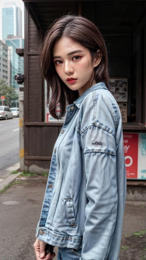 (masterpiece, best quality, photorealistic, trending on artstation:1.2), (skilled female photographer:1.3) with (short, stylishly messy brown hair:1.1) and (vintage camera slung over shoulder:1.2), wearing a (fashionable denim jacket:1.2) with (urban-inspired patches:1.1), holding a (professional DSLR camera:1.4) with (intricate lens details:1.2), creative atmosphere, observant emotion, urban tone, medium intensity, inspired by street photography and urban landscapes, gritty aesthetic, monochromatic color palette with (rich gray accents:1.1), introspective mood, soft natural lighting, side view, looking out at the cityscape through the camera lens, surrounded by (urban skyscrapers:1.2) and (city streets:1.1), focal point on the photographer's face, highly realistic fabric texture, atmospheric mist effect, high image complexity, detailed environment, subtle movement of the photographer's hands, contemplative energy.,s4str0