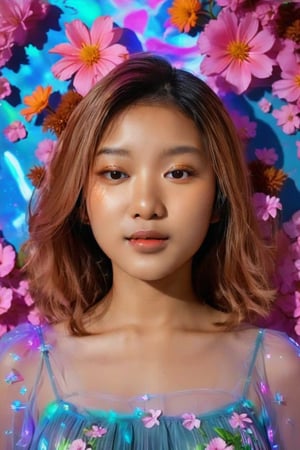 In a stunning portrait, September Ai, a HONG KONG Girl with brown skin and short messy hair, lies from the front point pose, exuding high fashion elegance. Against a flowing neon-holographic floral background, iridescent vaporwave effects dance around her. The overall composition is fluid, with delicate flowers swirling behind her. A realistic illustration of this beauty, featuring long blonde hair, is reminiscent of Flat vector art. score_9, score_8_up, score_7_up, score_6_up,School_girl,gh3a,ZeeJKT48,tiar4