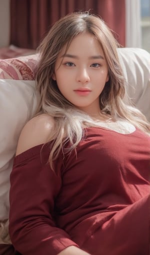 A warm and intimate morning portrait of a Thai woman lying in bed, softly wrapped in rich red sheets that gently drape over her body. She has a relaxed and natural expression, her eyes gazing softly towards the viewer. Her long, tousled white and pink haircolor spreads out over the pillow, catching the early white morning light that streams in through a nearby window. The lighting is soft and bright, creating a beautiful contrast between light and shadow, highlighting her facial features and the delicate texture of the red sheets. The background is simple, with subtle red accents, keeping the focus entirely on the woman and the cozy, tranquil atmosphere of the bedroom. The mood is serene and peaceful, capturing a quiet moment of stillness at the start of the day.