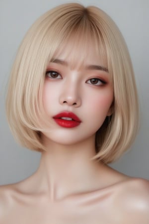 ((masterpiece, best quality, absurdities, (absurdresolution), high resolution, ultra detailed, high resolution, very fine 8KCG wallpapers)), shaded, crimson, wet lips, sensual face, realistic retinas, straight hair, Bob cut , blonde,Asian Best Face Ever