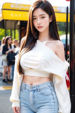 medium full shot image, shot from front, Create a realistic and high-resolution full-body image of a beautiful Asian girl standing at a bus stop. She is wearing a white thin shoulder off long_sleeve shirt and low-rise skinny jeans. She has a (round face, very big eyes), light makeup, full juicy lips and long black hair. She has a hot, attractive and sexy body. Her breasts is full and round. She's wearing a bra, and her nipples are visible through her top. The image is fully illuminated with the gentle light of early morning, seductive posture, attractive, clean, beautiful features, pure face, delicate patterns, intricate details, An unparalleled masterpiece, ultra-realistic 8K CG,nodf_lora,hourglass body shape,Young beauty spirit, Best face ever in the world, 1 girl, most beautiful korean girl, Korean beauty model, stunningly beautiful girl, gorgeous girl, 18yo, over sized eyes, big eyes, looking at viewer, solo, beauty,girl,more detail, no bra,lowrisejeans,maw4r,frey4