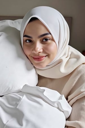 A girl with white hijab. She is looking at the viewer with bright and loving eyes. Close-up of face, very detailed. She is wearing a perfect beige soft sweater in a white bed room. Hasselblad H6D-400c MS, low exposure, high contrast, ISO 100, with a 120mm macro lens.