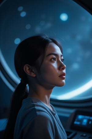 A tight framing captures the young girl's face, her eyes absorbed in the celestial canvas outside the spacecraft's glass dome. Soft blue lighting within the ship illuminates her dark hair tied back in a ponytail, casting a warm glow on her skin. The dimly lit atmosphere reveals only subtle hints of instrument panels and control stations behind her, while her contemplative gaze seems lost in thought, pondering the mysteries of the universe.