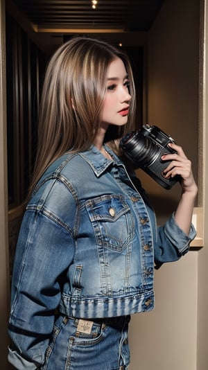 (masterpiece, best quality, photorealistic, trending on artstation:1.2), (skilled female photographer:1.3) with (short, stylishly messy brown hair:1.1) and (vintage camera slung over shoulder:1.2), wearing a (fashionable denim jacket:1.2) with (urban-inspired patches:1.1), holding a (professional DSLR camera:1.4) with (intricate lens details:1.2), creative atmosphere, observant emotion, urban tone, medium intensity, inspired by street photography and urban landscapes, gritty aesthetic, monochromatic color palette with (rich gray accents:1.1), introspective mood, soft natural lighting, side view, looking out at the cityscape through the camera lens, surrounded by (urban skyscrapers:1.2) and (city streets:1.1), focal point on the photographer's face, highly realistic fabric texture, atmospheric mist effect, high image complexity, detailed environment, subtle movement of the photographer's hands, contemplative energy.,s4str0,frey4,ghiselakell,chines,angelkaramoy, ,gheayoubi