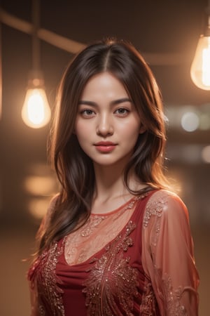 Close-up portrait of a cute Thai woman with bangs, elegantly dressed in a flowing evening gown, standing at a luxurious beachfront club. The warm, soft glow from the string of warm light bulbs casts a gentle light on her face, creating a cozy and inviting atmosphere. The background is blurred with beautiful bokeh effects, adding a touch of dreaminess to the scene. The woman’s expression is serene and content as she enjoys the ambiance of the night, with the sound of gentle waves in the background. The image is captured in 8k resolution, focusing on the warmth of the lighting and the delicate details of the gown and surroundings.