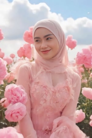 Close-up Portrait of a beautiful girl with soft pink hijab in a field of fluffy, soft pink flowers, natural smile, surrounded by vibrant, billowing petals that create a dreamy atmosphere. The setting is an ethereal landscape under a clear, sunny sky, with soft clouds adding to the serene vibe. The figure is wearing a delicate, feathery garment in shades of pastel pink, adorned with sparkling embellishments that catch the light. The overall aesthetic is hyperrealistic, capturing the intricate details of the flowers and the texture of the fabric, with a color palette dominated by soft pinks, whites, and gentle hints of blue from the sky, creating a whimsical and romantic mood,Enhanced all