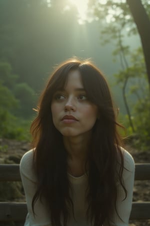 rlawldnjs, A KOREAN woman with long wavy brown hair sits on an old wooden bench in front of a misty, ancient forest backdrop, her face illuminated by soft morning sunlight that highlights deep green eyes filled with curiosity and serenity as she gazes off into the distance at the horizon beyond.