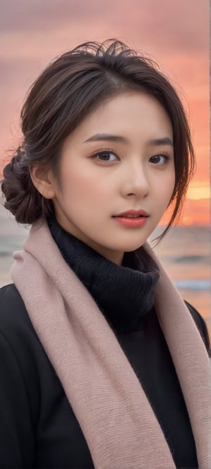 8K, 超High resolution, highest quality, masterpiece, Surreal, photograph,Three-part method, 1 girl, (16 years old:1.3), pretty girl, Cute face, Beautiful eyes in every detail,Japan Female Announcer,(wearing a long winter coat and scarf、Close-up of thin black two-sided updo:1.5)、(The girl turns around with a very sad look on her face, Her hair fluttering in the wind on the winter beach:1.5)、(Blurred Background:1.5)、(red sky at sunset:1.5)、(Perfect Anatomy:1.5)、(Complete Hand:1.3)、(Full Finger:1.3)、Photorealistic、Photograph、Tabletop、highest quality、High resolution、Delicate and beautiful、Perfect Face、Beautiful fine details、Fair skin、Real human skin、((Thin legs))、Bold Pose,super cute super model、Please look closely at the camera 、Vivid details、detailed、Surreal、Light and shadow,Strong light,Fashion magazine cover,Thin lips,gh3a,ZeeJKT48