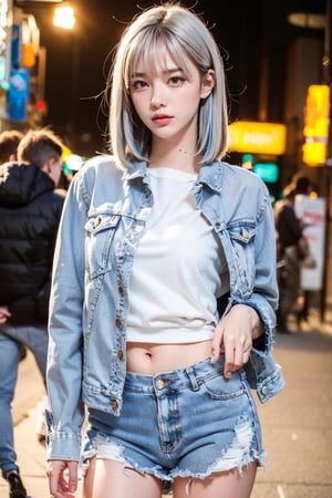 1girl, white_hair:blue_hair:0.5, perfect body, skinny waist, sadness | unbutton jeans jacket, undress | street in background, realistic, (bokeh effect:1.3),frey4