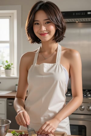 photorealistic, a young beauty (Asian idol, 18-year-old, glossy fair skin, brown short hair, wear naked apron that shows sideboob, big boobs, sexy butt) cooking in the kitchen, smile, soft lighting, sunshine, window