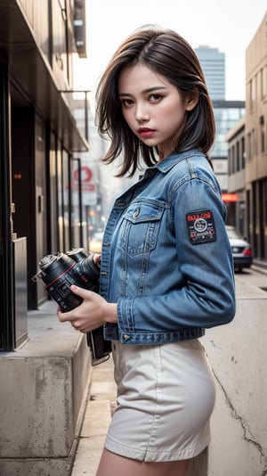 (masterpiece, best quality, photorealistic, trending on artstation:1.2), (skilled female photographer:1.3) with (short, stylishly messy brown hair:1.1) and (vintage camera slung over shoulder:1.2), wearing a (fashionable denim jacket:1.2) with (urban-inspired patches:1.1), holding a (professional DSLR camera:1.4) with (intricate lens details:1.2), creative atmosphere, observant emotion, urban tone, medium intensity, inspired by street photography and urban landscapes, gritty aesthetic, monochromatic color palette with (rich gray accents:1.1), introspective mood, soft natural lighting, side view, looking out at the cityscape through the camera lens, surrounded by (urban skyscrapers:1.2) and (city streets:1.1), focal point on the photographer's face, highly realistic fabric texture, atmospheric mist effect, high image complexity, detailed environment, subtle movement of the photographer's hands, contemplative energy.,s4str0,frey4,ghiselakell