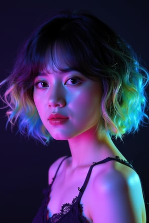 A hyperrealistic portrait of a kawaii girl with short, curly, wavy neon rainbow light hair cascading down her back like a Technicolor dream. Her natural skin glows with a soft luminescence against the dark studio's cyberpunk backdrop, adorned with intricate lace patterns. Rendered in Octane, every detail shines with photorealistic precision.