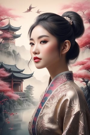 Luis Duarte Art - Misty Oriental Dreamscape, By Luis Duarte, Luis Duarte style, Face Potrait, Futayo, Ink v2, Gurokawa, Kintsugi, Ukiyo-E 3D Render, 3D, High definition, Photo detailed, specified, NijiExpress 3D v3, Oilpainting, Ink v3, Splash style, Abstract Art, Epic style, Illustrated v3, Deco Influence, AirBrush style, drawing, Metallic Effect, Geo2099 style, Mixpnk