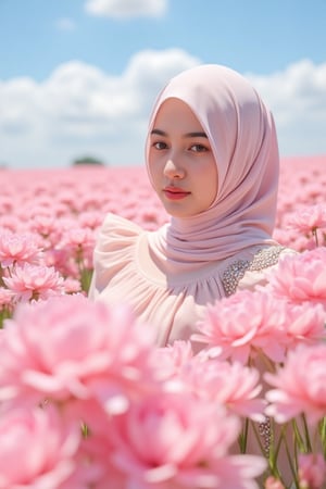 Close-up Portrait of a beautiful girl with soft pink hijab in a field of fluffy, soft pink flowers, surrounded by vibrant, billowing petals that create a dreamy atmosphere. The setting is an ethereal landscape under a clear, sunny sky, with soft clouds adding to the serene vibe. The figure is wearing a delicate, feathery garment in shades of pastel pink, adorned with sparkling embellishments that catch the light. The overall aesthetic is hyperrealistic, capturing the intricate details of the flowers and the texture of the fabric, with a color palette dominated by soft pinks, whites, and gentle hints of blue from the sky, creating a whimsical and romantic mood,Enhanced all