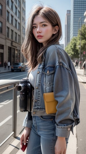 (masterpiece, best quality, photorealistic, trending on artstation:1.2), (skilled female photographer:1.3) with (short, stylishly messy brown hair:1.1) and (vintage camera slung over shoulder:1.2), wearing a (fashionable denim jacket:1.2) with (urban-inspired patches:1.1), holding a (professional DSLR camera:1.4) with (intricate lens details:1.2), creative atmosphere, observant emotion, urban tone, medium intensity, inspired by street photography and urban landscapes, gritty aesthetic, monochromatic color palette with (rich gray accents:1.1), introspective mood, soft natural lighting, side view, looking out at the cityscape through the camera lens, surrounded by (urban skyscrapers:1.2) and (city streets:1.1), focal point on the photographer's face, highly realistic fabric texture, atmospheric mist effect, high image complexity, detailed environment, subtle movement of the photographer's hands, contemplative energy.,s4str0,frey4,ghiselakell,chines,angelkaramoy, ,gheayoubi,bc1,wul4n,bul4n,berlianalovell
