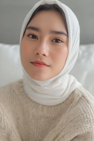 A close-up photo of girl with white hijab. She is looking at the viewer with bright and loving eyes. She is leaning forwardal. Close-up of face, very detailed. She is wearing a perfect beige soft sweater in a white bed room. Hasselblad H6D-400c MS, low exposure, high contrast, ISO 100, with a 120mm macro lens.