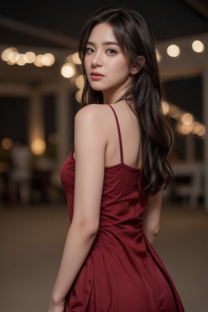 Close-up portrait of a cute Thai woman with bangs, elegantly dressed in a flowing evening gown, standing at a luxurious beachfront club. The warm, soft glow from the string of warm light bulbs casts a gentle light on her face, creating a cozy and inviting atmosphere. The background is blurred with beautiful bokeh effects, adding a touch of dreaminess to the scene. The woman’s expression is serene and content as she enjoys the ambiance of the night, with the sound of gentle waves in the background. The image is captured in 8k resolution, focusing on the warmth of the lighting and the delicate details of the gown and surroundings.