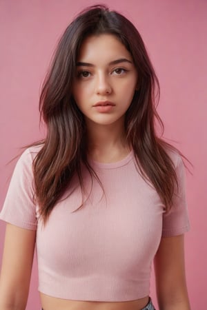 2016 Photo of a 16-year-old, mixed with Indian and White, Urban Outfitters model, with very long dark brown hair, hazel eyes, an alluring gaze, dynamic pose, pink background, mid-length shot, warm color tone, 35mm, shot on Kodak Ektar 100, realistic,perfect body, very sharp and detailed facial features, very detailed and glossy eyes, full glossy lips, detailed perfect face, very smooth natural skin, 16k, 32k, cinematic colour grading, perfect lighting, very detailed surroundings, soft focus, full body shot,ZeeJKT48,gh3a,ch3ls3a,lun4,b3rli