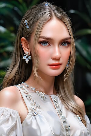 a silver hair girl, portrait, delicately rendered but majestically scaled jewelry hair ornament, medium hair, silver hair ornament, (beautiful straight hair), bangs, jewelry, earrings. white dress, (masterpiece, top quality, best quality, official art, beautiful and aesthetic:1.2), (1girl:1.4), portrait, extreme detailed, highest detailed, simple background, 16k, high resolution, perfect dynamic composition, (sharp focus:1.2), super wide angle, high angle, high color contrast, medium wide shot, depth of field, blurry background, look at viewer, cinematic lighting, highest detailed eyes, DonMM1y4XL,Extremely Realistic,b3rli,lun4