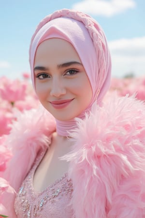 Close-up Portrait of a beautiful girl with soft pink hijab in a field of fluffy, soft pink flowers, natural smile, surrounded by vibrant, billowing petals that create a dreamy atmosphere. The setting is an ethereal landscape under a clear, sunny sky, with soft clouds adding to the serene vibe. The figure is wearing a delicate, feathery garment in shades of pastel pink, adorned with sparkling embellishments that catch the light. The overall aesthetic is hyperrealistic, capturing the intricate details of the flowers and the texture of the fabric, with a color palette dominated by soft pinks, whites, and gentle hints of blue from the sky, creating a whimsical and romantic mood,Enhanced all