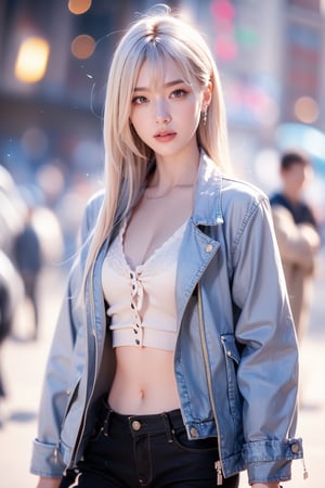 1girl, white_hair:blue_hair:0.5, perfect body, skinny waist, sadness | unbutton jeans jacket, undress | street in background, realistic, (bokeh effect:1.3)