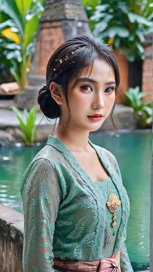 (Photorealistic, hyper_realistic, high_resolution, HD, best_quality, perfect_lighting, more sharpness, more contrast, highly_detailed, Award-winning cinematographer). In a serene traditional village on Central Java, Indonesia, a stunning 18-year-old asian girl with short bun hair and mesmerizing brown eyes gazes directly at the camera. Her wet lips subtly curve into a gentle smile as she wears an exquisite blue Javanese Kebaya. The soft glow of misty mountains and lush plants dissolves into the distance, creating a dreamlike atmosphere. Vibrant colors blend harmoniously, casting a surreal spell. (more_contrast, more_realistic, more_detailed), upper-body