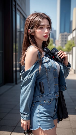 (masterpiece, best quality, photorealistic, trending on artstation:1.2), (skilled female photographer:1.3) with (short, stylishly messy brown hair:1.1) and (vintage camera slung over shoulder:1.2), wearing a (fashionable denim jacket:1.2) with (urban-inspired patches:1.1), holding a (professional DSLR camera:1.4) with (intricate lens details:1.2), creative atmosphere, observant emotion, urban tone, medium intensity, inspired by street photography and urban landscapes, gritty aesthetic, monochromatic color palette with (rich gray accents:1.1), introspective mood, soft natural lighting, side view, looking out at the cityscape through the camera lens, surrounded by (urban skyscrapers:1.2) and (city streets:1.1), focal point on the photographer's face, highly realistic fabric texture, atmospheric mist effect, high image complexity, detailed environment, subtle movement of the photographer's hands, contemplative energy.,s4str0,frey4,ghiselakell,chines,angelkaramoy
