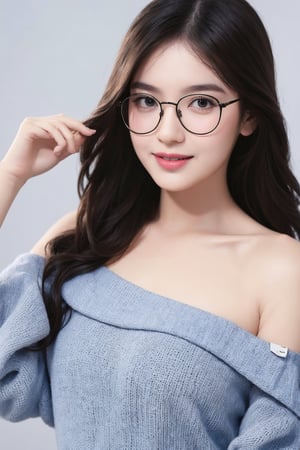 masterpiece, best quality, photorealistic, raw photo, 1girl, glasses, long hair, daily outfit, light smile, detailed skin, pore, off_shoulder, low key, black_background,n4git4,Fuj1,bul4n,Chatezz,syifa4,j3s1