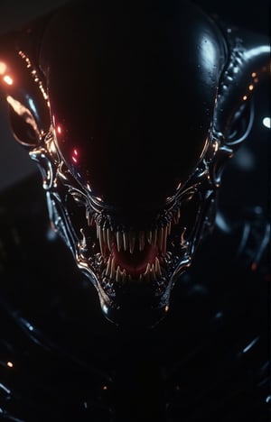 Full body image of an alien xenomorph, showcasing perfect and detailed eyes that are very focused. Alien xenomorph fine and pointed teeth are meticulously rendered, capturing every nuance. The lighting is dramatic, highlighting the fiery essence of the creature. The composition is tight, emphasizing the intense gaze and menacing presence. High detail, 8k resolution, with sharp focus on the dragon's eyes, and teeth.