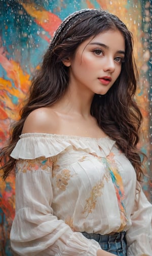 16k, HD, RAW photo, best quality, (masterpiece:1.2), (realistic, photo-realistic), (highly detailed), 18 years old girl, very beautiful face, perfect body, light_brown_eyes, innocence_face, white skin, long black hair, front_viewer, impressive views, perfect light, more sharpness, highly detailed glossy eyes, glossy full sexy lips, in the style of Carne Griffiths, Conrad Roset), (composition by Alphonse Mucha), gorgeous, heavenly, ethereal background, soft glow surrounding her, colorful abstract paint on the wall behind her. water color, rain by Daniel Gerhartz