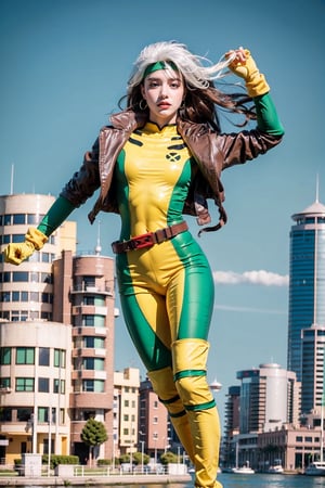 1girl,long hair,curlu hair, red and white hair, breasts, green eyes,lipstick,makeup,lips,white hair,two-tone hair,black headband:1.4,
yellow bodysuit,jacket,green jacket, gloves,belt,yellow gloves,green bodysuit, bodysuit, multicolored bodysuit,superhero, skin tight,multicolored clothes, rogue, long boots, 80s look, heels,  happy, floating debris,  natual light, realistic:1.4, floating in the hair, blue sky, 
skyscraper, floating, flying, portrait, 
