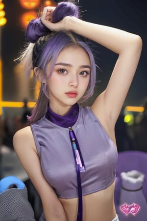 a girl in a purple top in a neon city, in the style of chinapunk, iconic album covers, soft-focus portraits, luke fildes, light amber and silver, exotic, captivating lighting 
,frey4,n4git4,Fuj1,gaby_rose,SKS JEDAR,maw4r,Geayoub1,4manda