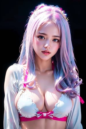 (masterpiece, top quality, best quality, official art, beautiful and aesthetic:1.2), hdr, high contrast, wideshot, 1girl, blunt bangs, looking at viewer, (seducing act), frosty, icy eyeshadow, longfade eyebrow, soft make up, juicy lips, large breast, hourglass body, light smile, finger detailed, background detailed, ambient lighting, extreme detailed, cinematic shot, realistic ilustration, (soothing tones:1.3), (hyperdetailed:1.2), plmtbknazln, twintails, large breasts, navel, white string bikini, side-tie bikini bottom, pink ribbon, blunt bangs,r1ge,frey4,est4