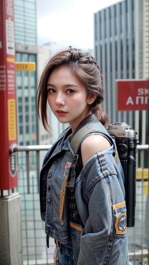 (masterpiece, best quality, photorealistic, trending on artstation:1.2), (skilled female photographer:1.3) with (short, stylishly messy brown hair:1.1) and (vintage camera slung over shoulder:1.2), wearing a (fashionable denim jacket:1.2) with (urban-inspired patches:1.1), holding a (professional DSLR camera:1.4) with (intricate lens details:1.2), creative atmosphere, observant emotion, urban tone, medium intensity, inspired by street photography and urban landscapes, gritty aesthetic, monochromatic color palette with (rich gray accents:1.1), introspective mood, soft natural lighting, side view, looking out at the cityscape through the camera lens, surrounded by (urban skyscrapers:1.2) and (city streets:1.1), focal point on the photographer's face, highly realistic fabric texture, atmospheric mist effect, high image complexity, detailed environment, subtle movement of the photographer's hands, contemplative energy.,s4str0,frey4,ghiselakell,chines,angelkaramoy, ,gheayoubi,bc1,wul4n