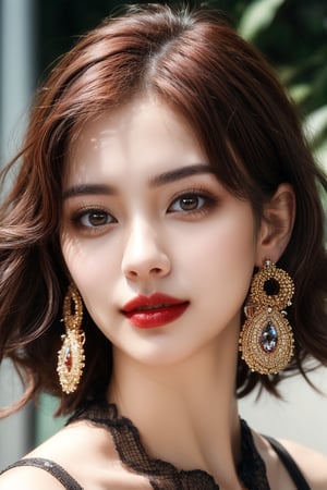 Generate hyper realistic image of a stunning woman with mesmerizing brown eyes. She has short red hair style. She wears an off-shoulder dress that accentuates her breasts. Her looks complemented by shimmering earrings that catch the light as she looks playfully at the viewer, her lips adorned with a hint of rose-colored lipstick, portrait.
