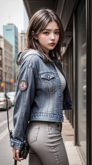 (masterpiece, best quality, photorealistic, trending on artstation:1.2), (skilled female photographer:1.3) with (short, stylishly messy brown hair:1.1) and (vintage camera slung over shoulder:1.2), wearing a (fashionable denim jacket:1.2) with (urban-inspired patches:1.1), holding a (professional DSLR camera:1.4) with (intricate lens details:1.2), creative atmosphere, observant emotion, urban tone, medium intensity, inspired by street photography and urban landscapes, gritty aesthetic, monochromatic color palette with (rich gray accents:1.1), introspective mood, soft natural lighting, side view, looking out at the cityscape through the camera lens, surrounded by (urban skyscrapers:1.2) and (city streets:1.1), focal point on the photographer's face, highly realistic fabric texture, atmospheric mist effect, high image complexity, detailed environment, subtle movement of the photographer's hands, contemplative energy.,s4str0,frey4,ghiselakell,chines,angelkaramoy, 