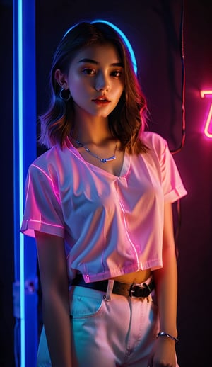 Girl posing solo under neon lights, stylish, contemporary, chic, trendy, self-assured, DSLR camera, prime lens, evening, fashion editorial shoot, color film, medium realism, dramatic neon lighting,gh3a