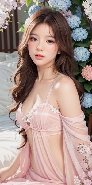 Surrealistic digital painting of a young woman with fair skin, curly fair hair, delicate facial features, enshrouded in a graceful, light pink fabric, slumbering among a plush hydrangea bed of pink and white blossoms, creating a dreamy, ethereal ambiance, palette consisting largely of pinks, whites, and lilacs, invoking a sense of serenity and tranquility, painterly strokes result in. A soft-focused portrait of a young woman with fair skin and curly brown hair with bangs, her delicate facial features illuminated by the gentle glow of a subtle pink fabric wrap. She slumbers amidst a plush hydrangea bed, where pink and white blossoms gently unfold, creating a dreamy, ethereal ambiance. Brushstrokes whisper whispers of pinks, whites, and lilacs, weaving a tapestry of serenity and tranquility. burlesque,shabby chic, fine art, epic, Boho gypsy, marquise, duchesse, dark fantasy