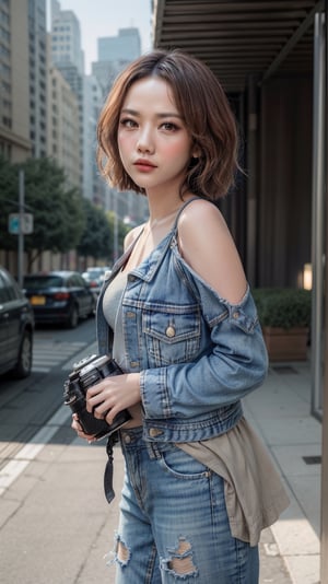 (masterpiece, best quality, photorealistic, trending on artstation:1.2), (skilled female photographer:1.3) with (short, stylishly messy brown hair:1.1) and (vintage camera slung over shoulder:1.2), wearing a (fashionable denim jacket:1.2) with (urban-inspired patches:1.1), holding a (professional DSLR camera:1.4) with (intricate lens details:1.2), creative atmosphere, observant emotion, urban tone, medium intensity, inspired by street photography and urban landscapes, gritty aesthetic, monochromatic color palette with (rich gray accents:1.1), introspective mood, soft natural lighting, side view, looking out at the cityscape through the camera lens, surrounded by (urban skyscrapers:1.2) and (city streets:1.1), focal point on the photographer's face, highly realistic fabric texture, atmospheric mist effect, high image complexity, detailed environment, subtle movement of the photographer's hands, contemplative energy.,s4str0,frey4,ghiselakell,chines,angelkaramoy, ,gheayoubi,bc1