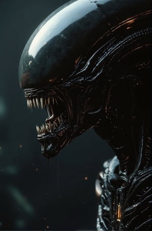 Full body image of an alien xenomorph, showcasing perfect and detailed eyes that are very focused. Alien xenomorph fine and pointed teeth are meticulously rendered, capturing every nuance. The lighting is dramatic, highlighting the fiery essence of the creature. The composition is tight, emphasizing the intense gaze and menacing presence. High detail, 8k resolution, with sharp focus on the dragon's eyes, and teeth.