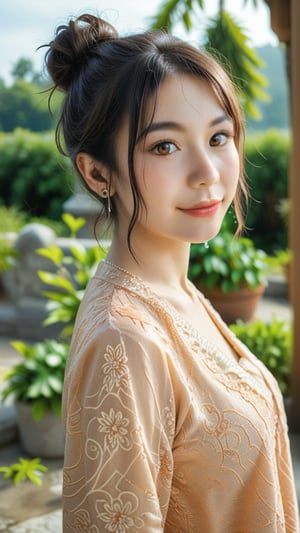 (Photorealistic, hyper_realistic, high_resolution, HD, best_quality, perfect_lighting, more sharpness, more contrast, highly_detailed, Award-winning cinematographer). In a serene traditional village on Central Java, Indonesia, a stunning 18-year-old thai girl with short bun hair and mesmerizing brown eyes gazes directly at the camera. Her wet lips subtly curve into a gentle smile as she wears an exquisite blue Javanese Kebaya. The soft glow of misty mountains and lush plants dissolves into the distance, creating a dreamlike atmosphere. Vibrant colors blend harmoniously, casting a surreal spell. (more_contrast, more_realistic, more_detailed), upper-body, portrait