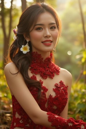 A serene and captivating portrait of a beautiful american woman. The subject sits elegantly amidst a lush forest, adorned in a red traditional kebaya dress, her straight golden locks framing her radiant face. Her smile, though closed-mouthed, still conveys warmth as subtle dimples appear on her cheeks. Delicate flowers adorn her hair, adding a touch of whimsy to the composition. The warm sunlight filters through the trees, casting gentle rays that illuminate her features and the intricate details of her dress.