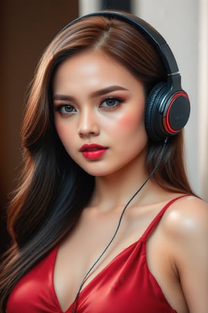 ((best quality)), ((masterpiece)), (detailed), perfect face, listening music from her headphone, wearing gorgeous red dress
