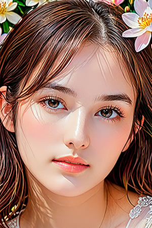 Masterpiece, HD, 8K, A captivating and minimalist illustration of a 20-year-old woman. The upper body, the face is drawn at a 45-degree angle in the center, and delicate touches of pastel accentuate her (high-topped hair color), large eyes, plump cheeks and lips, beautiful white skin and small face with elegant touches. Similar to the touch of Fakhtali Abderrahim, fragile and delicate, the background is a space surrounded by many luminous flowers, and the colorful, magical and mysterious presence is reflected in the expression.,ZeeJKT48,b3rli,ch3ls3a