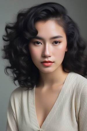 Prompt: (((Iconic 1940s age style but extremely beautiful))) (((black curly messy hair indonesian woman 20 age style,light rainbow in hair))) (((Pale skin and freckles, gorgeous and Voluptuous))) (((Chiaroscuro, soft light background))) (((female action poses))) (((masterpiece,minimalist, hyperrealistic,photorealistic))) (((view zoom,close-up, focal point torso))) (((By Annie Leibovitz style,by Rembrandt style)))