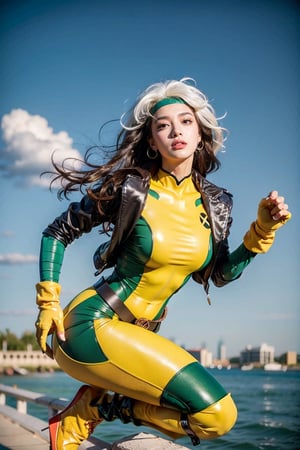 1girl, long hair, curlu hair, red and white hair, breasts, green eyes, lipstick, makeup, lips, white hair, two-tone hair,black headband:1.4,
yellow bodysuit,jacket,green jacket, gloves,belt,yellow gloves,green bodysuit, bodysuit, multicolored bodysuit,superhero, skin tight,multicolored clothes, rogue, long boots, 80s look, heels,  happy, floating debris,  natual light, realistic:1.4, floating in the hair, blue sky, 
skyscraper, floating, flying, portrait, 
,CARTOON_X_MENs_Rogue