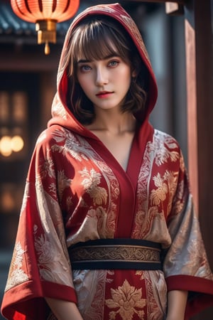 A girl with short brown hair, with detailed ornate fur hooded kimono, red hooded kimono, miniskirt, fantasypunk. (Cinematic lighting, ethereal light, intricate details, extremely detailed, incredible details, full colored), complex details, hyper maximalist, gorgeous light and shadow, detailed decoration, detailed lines. masterpiece, best quality, HDR, UHD, unreal engine. looking at the camera, fair skin, beautiful face, (beautiful eyes:1.5), perfect eyes, detailed eyes, beautiful nose,rayen dress